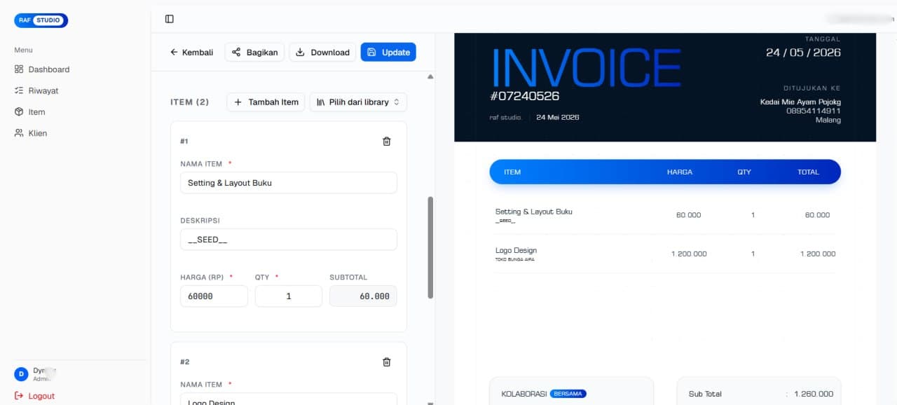 RAF Invoice screenshot